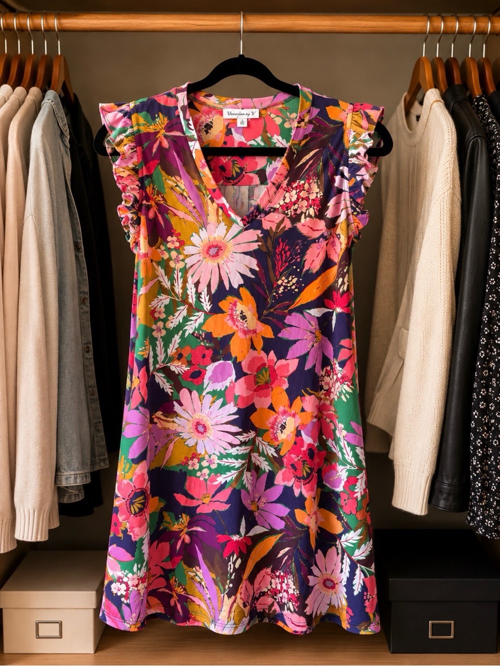 Veronica M Floral Faux Wrap Dress Small | Colorful Stretch Travel Dress